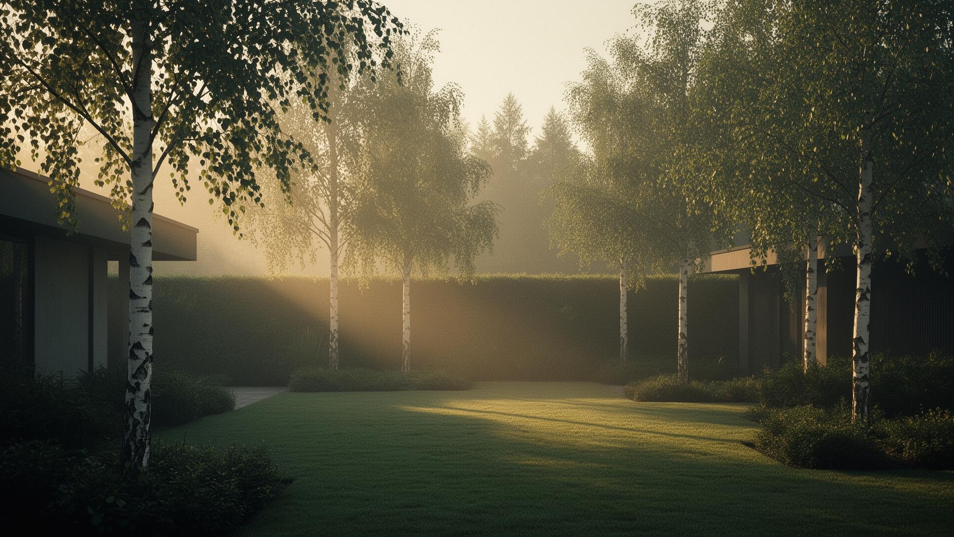Skandinavisk trädgård vid gryning